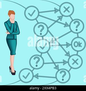 Donna che utilizza l'albero decisionale per identificare il problema o l'opportunità nel processo decisionale. Concetto di business. Illustrazione vettoriale 2D. Illustrazione Vettoriale