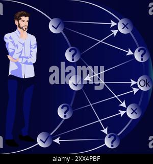 Un uomo utilizza un albero decisionale per identificare un problema o un'opportunità nel processo decisionale. Concetto di business. Illustrazione vettoriale piatta. Illustrazione Vettoriale