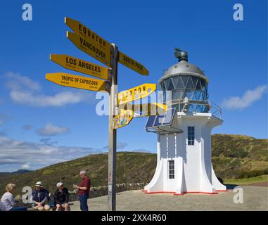 Persone al faro di Cape Reinga, all'estrema punta nord dell'Isola del Nord, nuova Zelanda. Un cartello segnaletico fornisce indicazioni stradali e indicazioni per le città del mondo Foto Stock