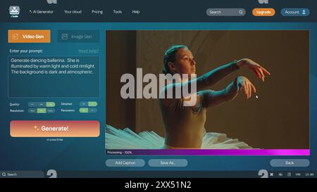 Interfaccia utente del generatore video ai. Il moderno assistente chatbot di intelligenza artificiale genera video dettagliati di alta qualità: Una bellissima ballerina danzante. Da prompt di testo a video realistici generati. Foto Stock
