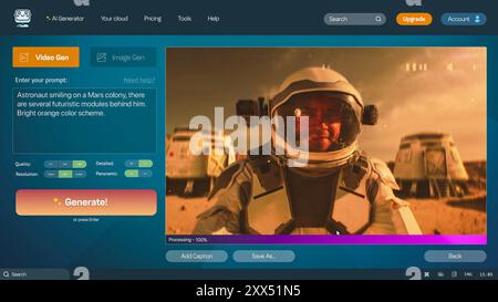 Interfaccia utente del generatore video ai. L'assistente di intelligenza artificiale genera video dettagliati: Astronauta sulla colonia di Marte. Tecnologia testo-video. Video generato DALL'INTELLIGENZA ARTIFICIALE. Modello per lo schermo del computer. Foto Stock