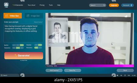 Interfaccia utente del generatore video ai. Il chatbot di intelligenza artificiale genera video dettagliati dell'uomo con sovrapposizione di riconoscimento facciale digitale. Creazione di video generati DALL'INTELLIGENZA ARTIFICIALE. Modello per lo schermo del computer. Foto Stock