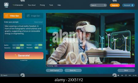 Interfaccia utente del generatore video ai. I moderni chatbot di intelligenza artificiale generano video dettagliati di alta qualità: Uomo che indossa un visore per la realtà virtuale. Da prompt di testo a video realistici generati. Foto Stock