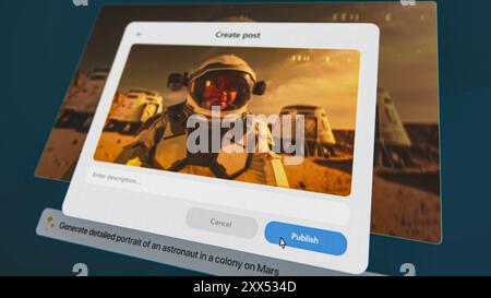 Interfaccia utente del generatore video ai. L'assistente di intelligenza artificiale genera video dettagliati di alta qualità: Astronauta sulla colonia di Marte. Tecnologia avanzata per la trasmissione di testo e video. Video futuristico generato. Foto Stock