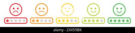 Emoji di valutazione con stelle in stile tratto per il feedback dei clienti e l'esperienza del prodotto. Set di icone emoji di valutazione a cinque stelle. Scala di feedback emoji. Illustrazione Vettoriale