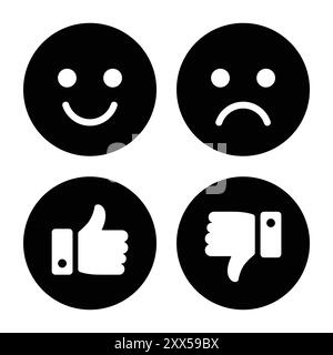 Icona felice, triste sorridente e simile, antipatica in cerchio bianco e nero. Sorridi, triste, thumb up, thumb down accept, rifiuta set di simboli. Set di icone Smiley. Illustrazione Vettoriale