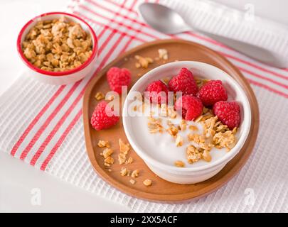 Yogurt bianco a base vegetale con lamponi freschi e muesli; vista ad angolo alto Foto Stock