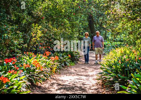 La Cañada Flintridge, California USA - 14 aprile 2017: Coppia più anziana che cammina sul sentiero del giardino a Descanso Gardens. Foto Stock