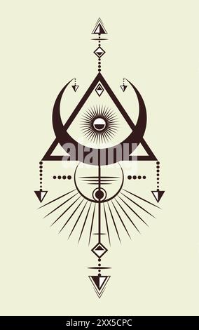 misteriosa luna crescente sacra figura geometrica di un cerchio inscritto in un triangolo, logo vettoriale tatuaggio simbolo mitologico in stile boho Illustrazione Vettoriale