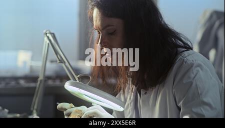 Scienziata donna lavora con resti fossili in laboratorio archeologico. Paleoantropologo o archeologo con guanti pulisce le ossa umane preistoriche estinte utilizzando strumenti, lo esamina sotto una lampada d'ingrandimento. Foto Stock