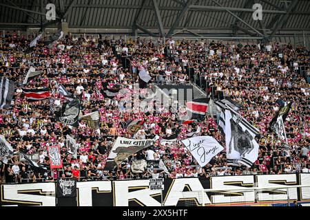 Linz, Austria. 22 agosto 2024. LINZ, AUSTRIA - 22 AGOSTO: Tifosi di Lask durante il Play-off di UEFA Europa League 1st Leg match tra LASK e FCSB Bucharest Oberoesterreich Arena il 22 agosto 2024 a Linz, Austria.240822 SEPA 20 024 - 20240822 PD8386 credito: APA-PictureDesk/Alamy Live News Foto Stock