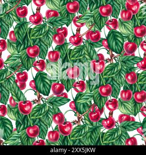 Motivo ciliegia acquerello. Motivo di ciliegie acquerello. Ciliegie senza cuciture. Elementi disegnati a mano Cherry per la progettazione di fa Foto Stock