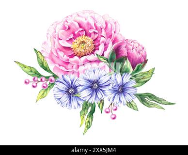 Bouquet di peonie rosa acquerello. Fiori disegnati a mano che fioriscono con petali, gemme e foglie. Set floreale di peonie con cicoria per la progettazione di matrimoni Foto Stock