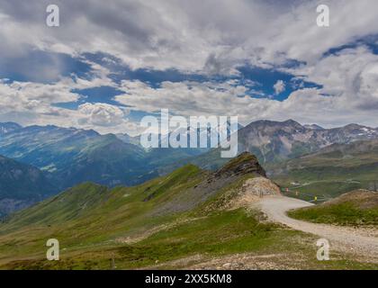 Paesaggio estivo in Austria con pascoli verdi freschi e cime innevate sullo sfondo, Heiligenblut, Austria Foto Stock