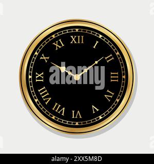 Elegante orologio analogico vettoriale con numeri e numeri romani classici. Elegante orologio da parete vintage in oro lucido Illustrazione Vettoriale