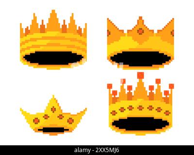 Set di icone Crown pixel art. Corone reali e diadema in stile grafico retrò a 8 bit degli anni '80 I re medievali si coronano in stile pixel. Progettare per l'app mobile Illustrazione Vettoriale