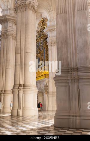 Albaicin, Granada, Provincia di Granada, Andalusia, Spagna. 26 aprile 2023. Colonne e l'organo a canne della Cattedrale di Granada. Foto Stock