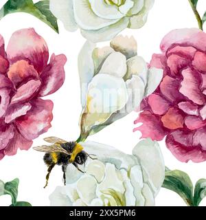 Peonie e acquerello bumblebee senza cuciture. Illustrazione vettoriale disegnata a mano di fiori Bordeaux e bianchi. Per l'imballaggio di carta, tessuti, wallpap Illustrazione Vettoriale