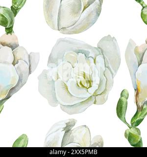 Motivo bianco freesia fiori acquerello senza cuciture. Illustrazione vettoriale. Per la progettazione di carta da imballaggio, tessuti, carta da parati, tessuti, coperture, scrapbo Illustrazione Vettoriale