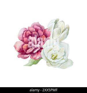 Peonies e freesia. Bouquet di fiori bianchi e Bordeaux. Illustrazione vettoriale disegnata a mano. Per la progettazione di biglietti d'auguri, inviti di nozze e. Illustrazione Vettoriale