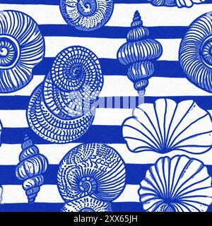 Motivo a conchiglia blu azzurro bianco con sfondo batik senza cuciture in lino, moderno cottage costiero sulla spiaggia rustico stampa a conchiglia design a motivi per la casa Foto Stock