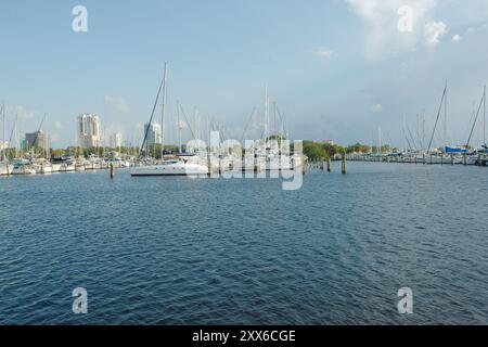 Ampia visuale a nord dal Demens Landing Park sopra le acque azzurre fino al paesaggio urbano di St. Petersburg, Florida . Barche a vela nel porticciolo blu e bianco Foto Stock