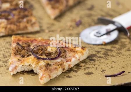 Porzione di pizza a fette (primo piano dettagliato, messa a fuoco selettiva) Foto Stock