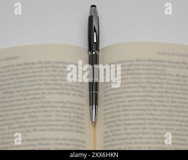 Penna a sfera decorativa posizionata in una piega del libro aperto. Le pagine del libro sono leggermente sfocate per accentuare la penna Foto Stock