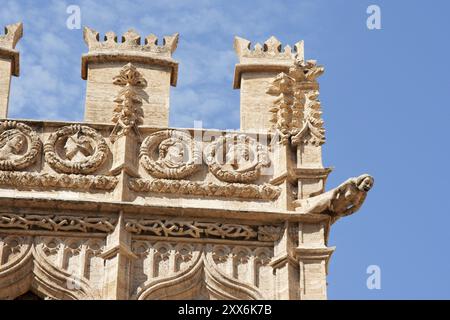 Dettaglio della Lonja de la Seda di Valencia in Spagna. Questo piccolo complesso di edifici tardo gotici, originariamente era usato per commerciare la seta Foto Stock