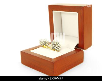 Orecchini diamantati e oro giallo, isolati verso lo sfondo bianco, in una confezione regalo in legno verso lo sfondo bianco Foto Stock