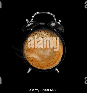 Sveglia con caffè anziché quadrante su sfondo nero Foto Stock