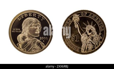 Moneta da un dollaro, Sacagawea e Statua della libertà. Isolato su sfondo bianco Foto Stock