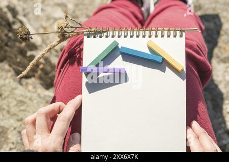 La vista dalla prima persona sul grembo femminile è un quaderno con gessetti per disegnare pastelli. Mani femminili che reggono un taccuino in natura Foto Stock