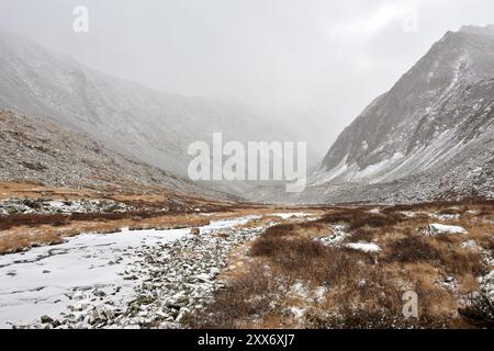 Letto ghiacciato di un piccolo fiume in una valle ricoperta di muschio e neve polverosa tra alte scogliere delle catene montuose in una nuvolosa giornata autunnale. Valle di Foto Stock