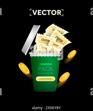 pile 3d di coupon che saltano da una tazza con monete dorate, codice coupon, isolato su sfondo scuro. Buono sconto per bevande e modello per striscioni di caffè. illustrazione vettoriale 3d. Illustrazione vettoriale Illustrazione Vettoriale