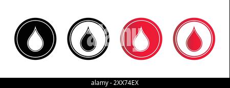 L'icona goccia di sangue, acqua e olio è di colore rosso e nero. Simbolo della goccia di sangue. Concetto di donatore. Design piatto. Simbolo medico. Set di icone con logo a goccia di sangue. Illustrazione Vettoriale