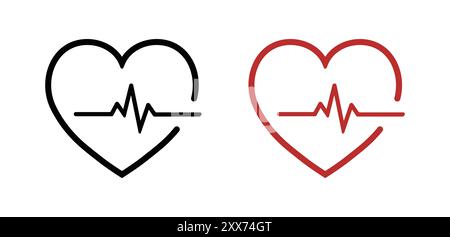 Icona heartbeat impostata in rosso e nero. Forma del cuore con linea del polso. Icona piatta heartbeat Pulse per applicazioni mediche e siti Web. Illustrazione vettoriale. Illustrazione Vettoriale