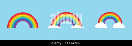 Set di icone arcobaleno. Nuvole e icone arcobaleno in stile diverso. Icona arcobaleno su sfondo bianco. Icona vettoriale. Illustrazione Vettoriale
