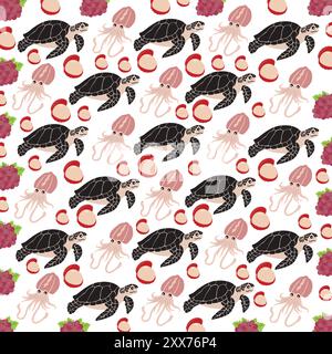 graziosa tartaruga, calamari con frutta come sfondo Illustrazione Vettoriale