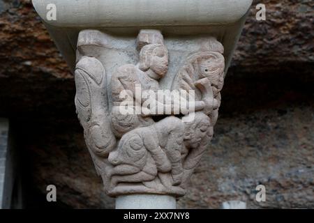 Real Monasterio de San Juan de la Peña (romanico, X-XII secolo). Chiostro (romanesqye, XI-XII secolo). Capitale (Matanza de los Santos Inocentes Foto Stock