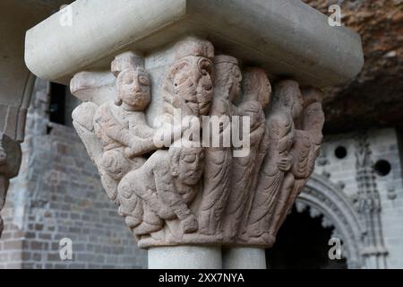 Real Monasterio de San Juan de la Peña (romanico, X-XII secolo). Chiostro (romanesqye, XI-XII secolo). Capitale (Matanza de los Santos Inocentes Foto Stock