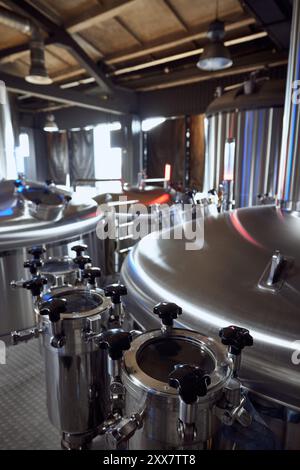 Le superfici brillanti dei serbatoi e delle valvole del birrificio dimostrano gli elevati standard di pulizia e precisione nel processo di estrazione. Foto Stock