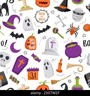 Sfondo senza cuciture con motivo disegnato a mano per Halloween. Copri lo stile doodle di halloween per un design elegante in tessuto. Illustrazione Vettoriale