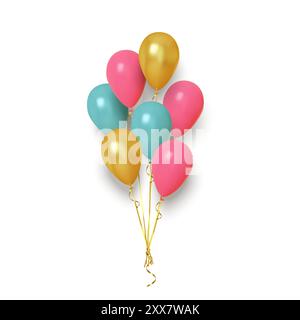 Mazzo di palloni colorati con palloncini oro, rosa e blu - realistica illustrazione vettoriale 3D. Illustrazione Vettoriale