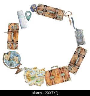 Accessori turistici, chiave valigia valigia, matraccio sottovuoto, macchina fotografica, mappamondo. Illustrazione disegnata a mano con acquerello. Telaio della corona tonda. Turismo Foto Stock