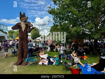 Persone sedute intorno al famoso violino di vimini che suona volpe al Cambridge Folk Festival 2024. Foto Stock