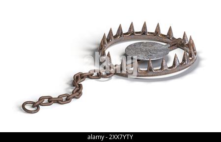 Orso arrugginito intrappolano denti metallici sfondo bianco 3d. Foto Stock