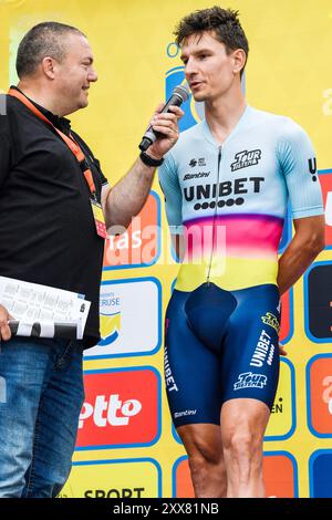 Overijse, Belgio. 23 agosto 2024. Lander Loockx belga di TDT-Unibet nella foto al via della gara ciclistica di un giorno 'Druivenkoers', 206, a 3 km da e per Overijse, venerdì 23 agosto 2024. BELGA PHOTO MARC GOYVAERTS crediti: Belga News Agency/Alamy Live News Foto Stock