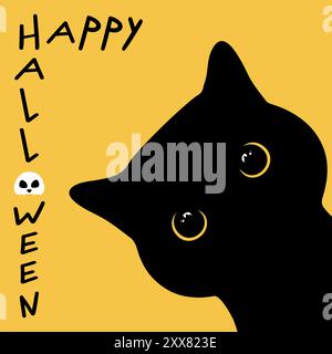 Biglietto d'auguri di Halloween con sbirciante silhouette di gatto nero con grandi occhi gialli. Illustrazione vettoriale Illustrazione Vettoriale