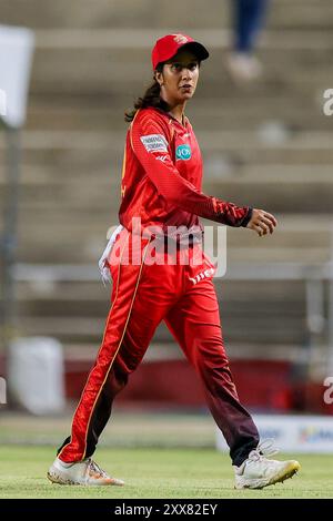 SAN FERNANDO, TRINIDAD E TOBAGO - 22 AGOSTO: Jemimah Rodrigues delle Trinbago Knight Riders donne durante la partita Women Caribbean Premier League tra Trinbago Knight Riders e Barbados Royals alla Brian Lara Cricket Academy il 22 agosto 2024 a San Fernando, Trinidad e Tobago. (Foto di Daniel Prentice/Alamy) Foto Stock